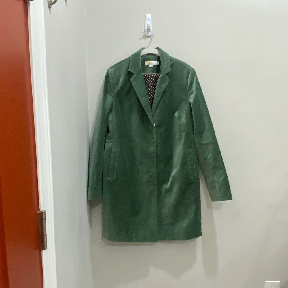 Boden Green Velvet Coat Polka Dot Lining Longline Jacket US 8 UK 12 T0208